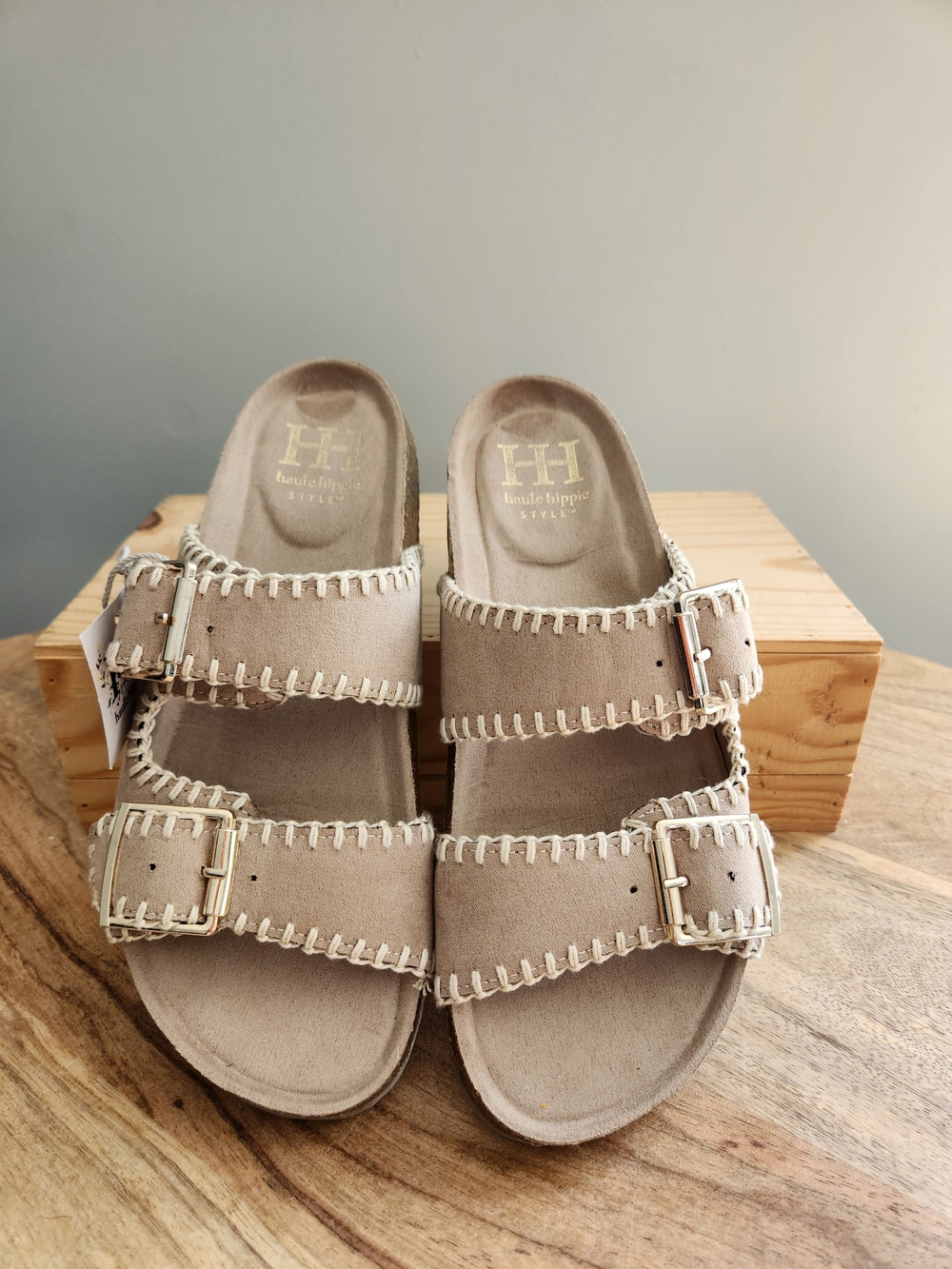 Haute Hippie Taupe Double-Buckle Embroidered Slide Sandals